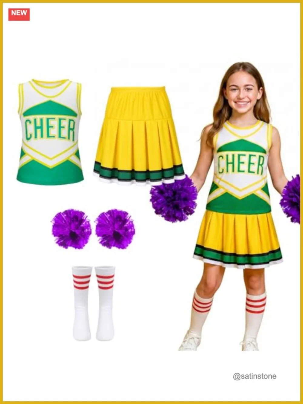 Girls Cheerleader Costume Set with Pleated Skirt and Pom Poms